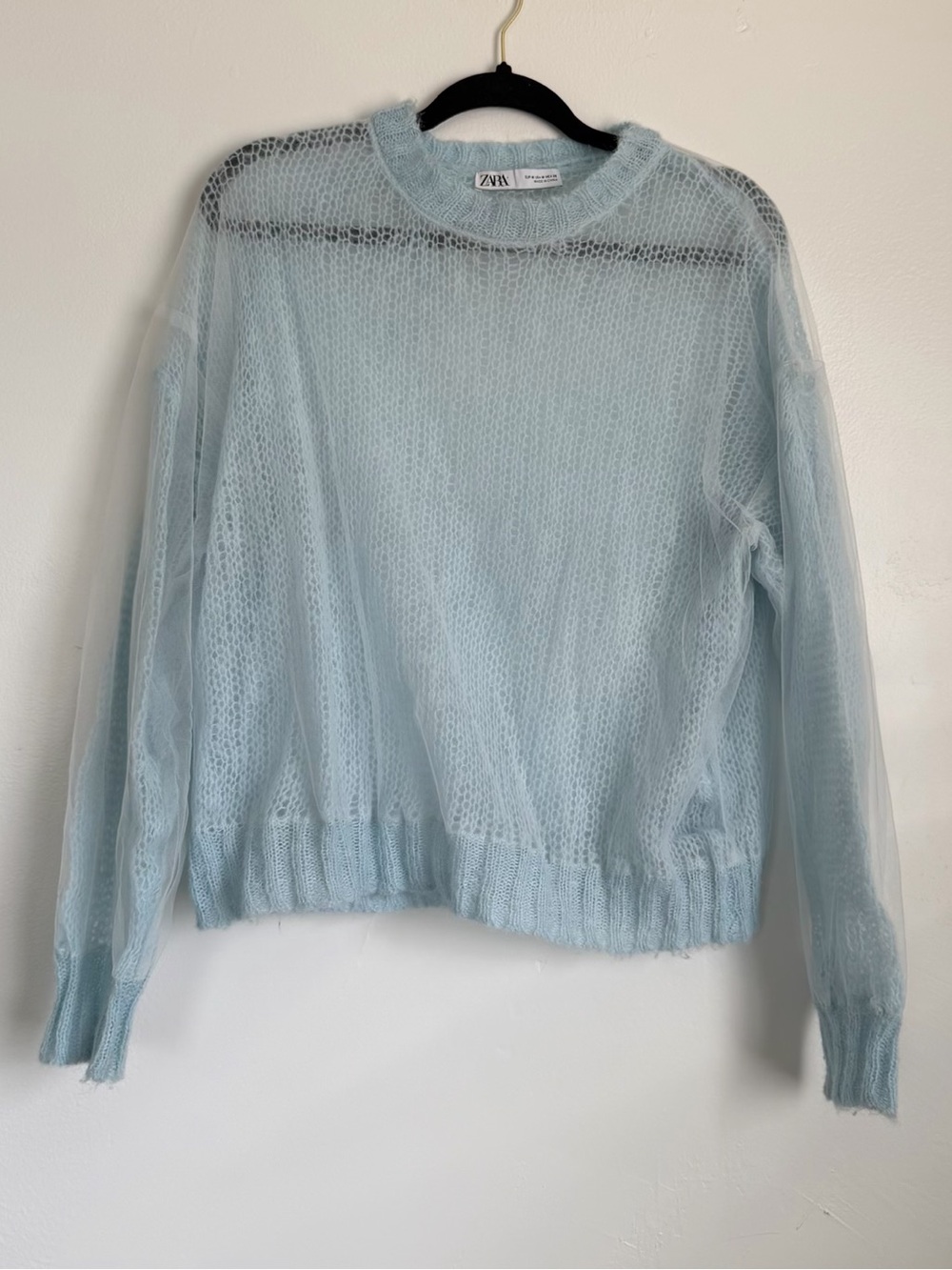 Zara Pale Blue Sheer Knit Crewneck Sweater